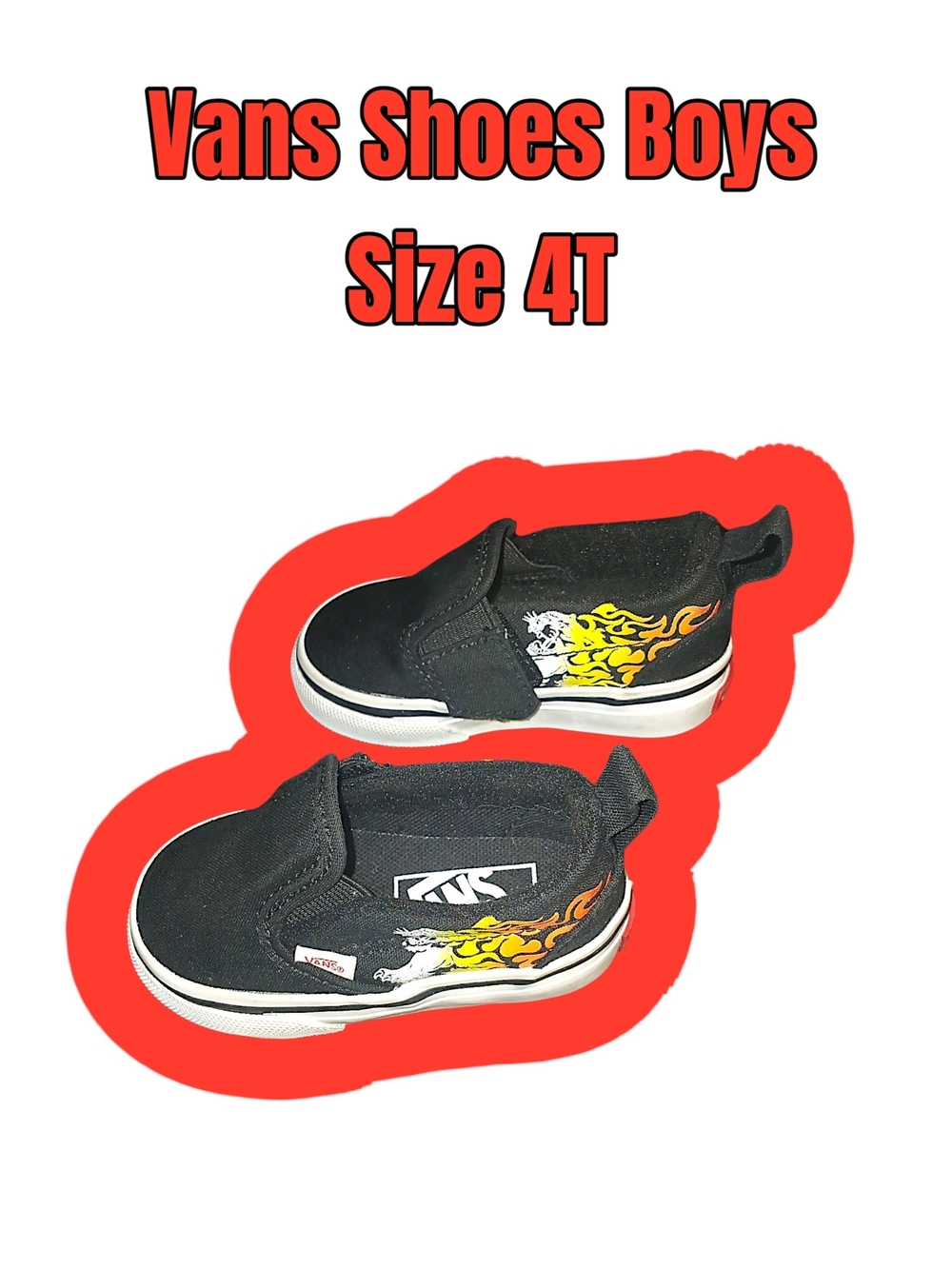 Vans Boys Black Slip-On Shoes with Flame Graphic - Size 4T